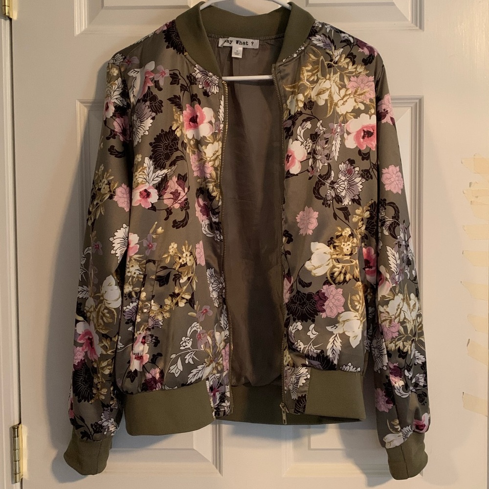 Women’s Green Floral Silky Bomber Jacket